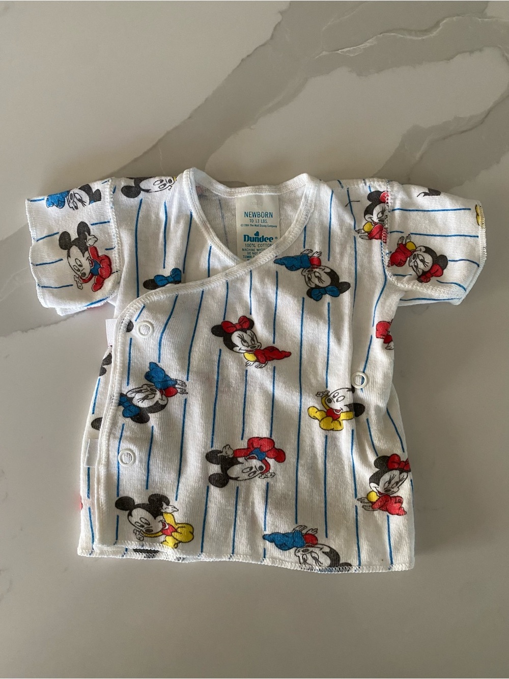 Dundee Vtg Disney Mickey Minnie Striped Snap Front V-Neck Cotton Tee Newborn